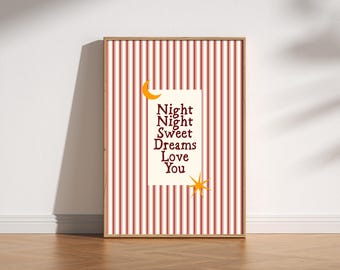 Retro Good Night Love You Print, Mitte des Jahrhunderts moderne Vintage Streifen Kunst, Schlafzimmer Dekor, ästhetische Typografie Poster, wunderliche himmlische Kunst