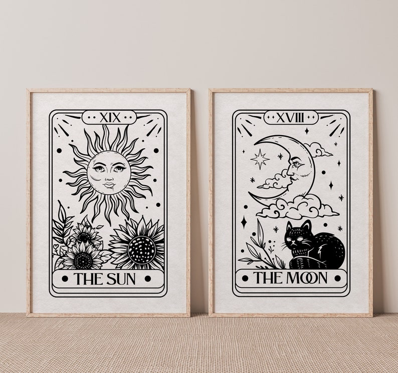 The Sun and The Moon Tarot Print Set of 2 - Boho Wall Art, Celestial Wall Prints, Mystical, Neutral Decor, Astrology Posters, Tarot Card Art 