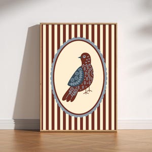 impression ovale vintage d'oiseau folklorique | Décoration murale art folklorique scandinave, art de la cuisine cottagecore, art à rayures rétro, illustration du patrimoine confortable