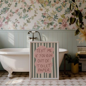 Funny bathroom wall art print with pink blob and wavy green stripes that reads “Text Me If You Run Out Of Toilet Paper”.
