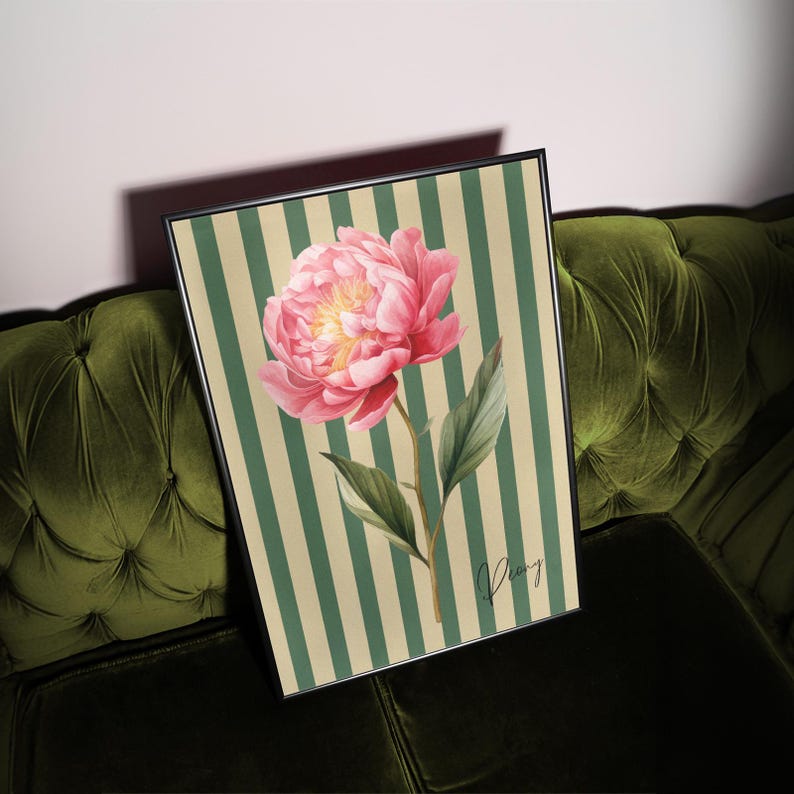 Bring charming, old-fashioned elegance to your space with this Vintage Floral Stripe Print. Featuring nostalgic vertical stripes and delicate flowers, this artwork embodies a timeless cottagecore aesthetic with a touch of vintage charm. Inspired by classic wallpaper patterns and antique botanical prints, it’s perfect for creating a warm and inviting atmosphere in any room.