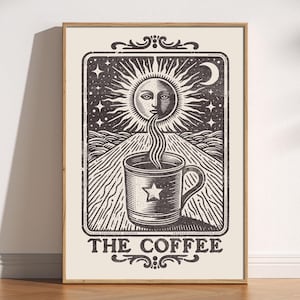 Impresión de la carta del tarot del café, decoración de cocina, póster de cocina, regalo para amantes del café, arte místico del café, tarot divertido, arte de estrellas del sol, comedor