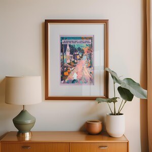 Add a touch of magic to your space with this enchanting Halloween/autumnal print! Perfectly blending the mystical with the cute, this art piece features a delightful ghost dancing along a charming suburban street on a crisp Halloween night