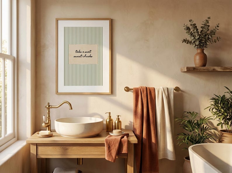 Funny bathroom wall art featuring olive green vertical pinstripes with a distressed cream scalloped label reading “take a seat sweet cheeks” in black handwritten script. Minimal vintage heritage inspired bathroom print with playful typography and a cosy boutique hotel aesthetic for guest bathrooms or powder rooms.