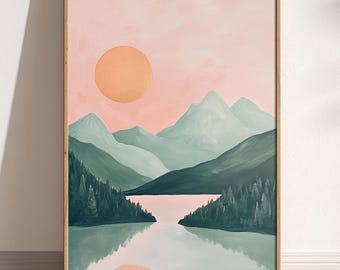 Mid Century Sun & Mountains Art Print: Retro Landscape Poster