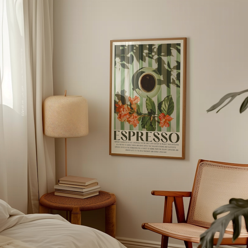 May include: A framed art print featuring an espresso design. The artwork showcases a coffee cup, floral elements, and the word "ESPRESSO" in a vintage style. The print is displayed on a wall in a room with a lamp and a chair.