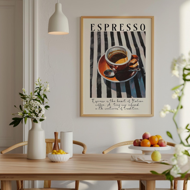 Bring the warmth of Italy into your home with this espresso wall art print. Featuring a rich and vibrant painting of a classic espresso cup, this artwork captures the heart of Italian coffee culture. Perfect for kitchens, dining rooms, cafés, or as a thoughtful gift for any coffee lover, this piece adds a stylish Mediterranean touch to your walls.