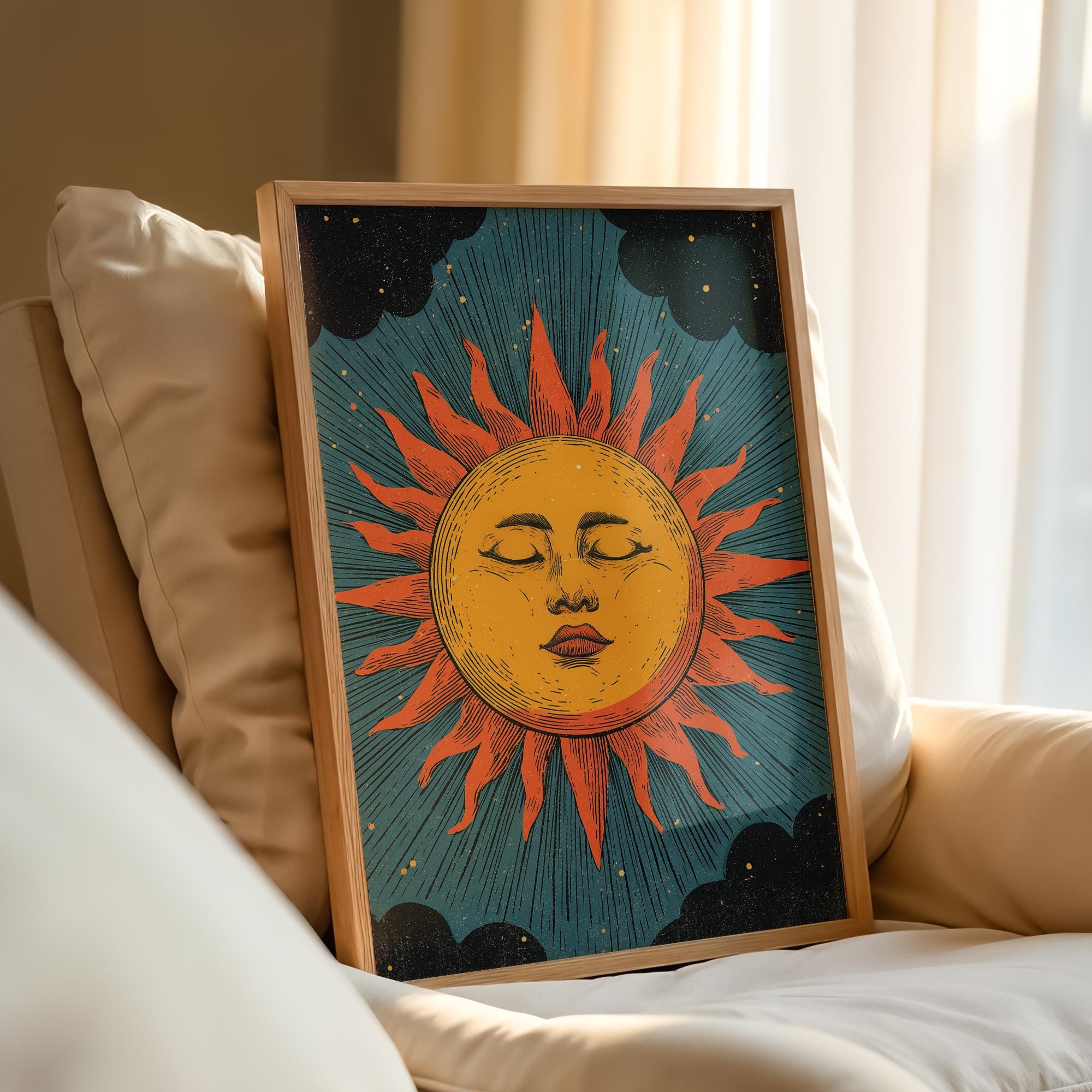 90s Celestial Sunshine Vintage Style Print, Retro Mid Century