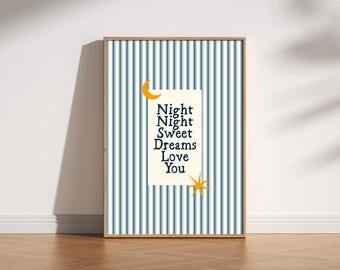 Lámina retro "Buenas noches, te quiero", arte de rayas vintage de mediados de siglo, decoración de dormitorio, póster tipográfico estético, arte celestial caprichoso.