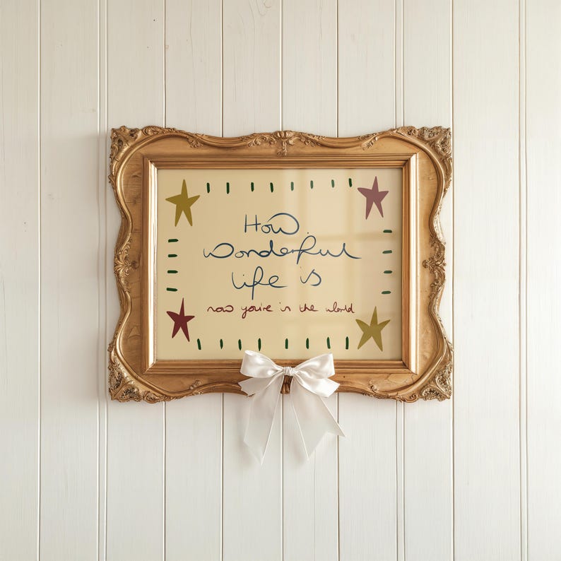 “Retro mid-century quote art print with stars and handwritten text reading ‘How wonderful life is now you’re in the world’ in warm vintage colours.”