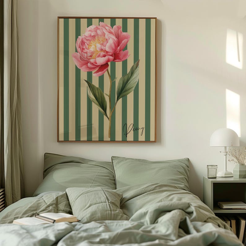Bring charming, old-fashioned elegance to your space with this Vintage Floral Stripe Print. Featuring nostalgic vertical stripes and delicate flowers, this artwork embodies a timeless cottagecore aesthetic with a touch of vintage charm. Inspired by classic wallpaper patterns and antique botanical prints, it’s perfect for creating a warm and inviting atmosphere in any room.