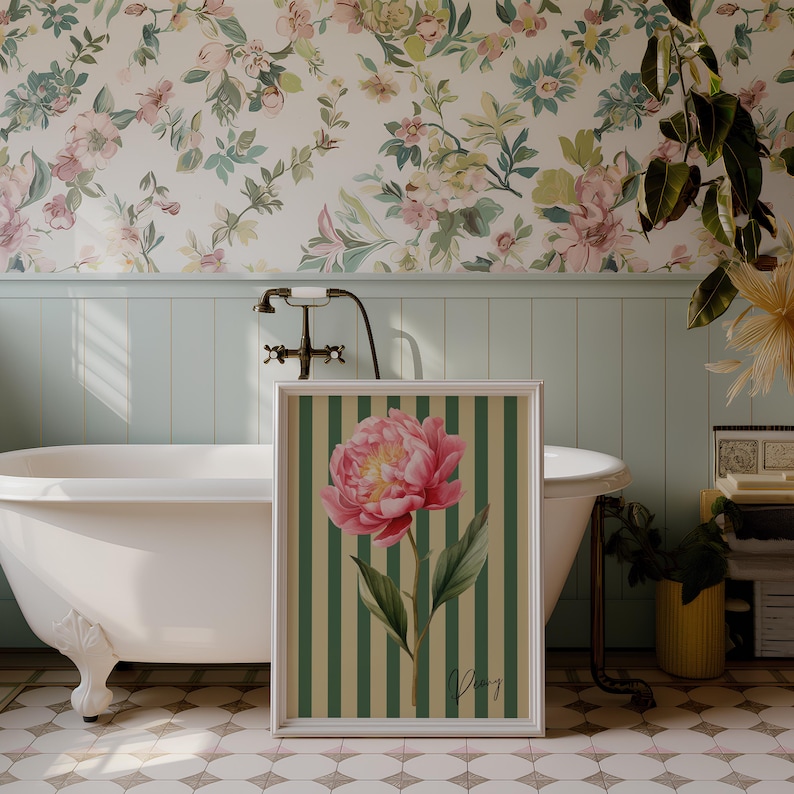 Bring charming, old-fashioned elegance to your space with this Vintage Floral Stripe Print. Featuring nostalgic vertical stripes and delicate flowers, this artwork embodies a timeless cottagecore aesthetic with a touch of vintage charm. Inspired by classic wallpaper patterns and antique botanical prints, it’s perfect for creating a warm and inviting atmosphere in any room.