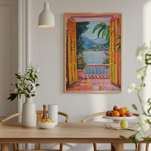 A Fauvist style painting inspired by Matisse, featuring a open patio doors overlooking a vibrant Italian landscape and Lake Como. The scene bursts with beautiful blue and pink tones: trees, mountains in the distance and the shimmering blue of the lake under a clear blue sky. The view captures the idyllic charm of summer by the water, with pots of flowers on the terrace and palm trees.