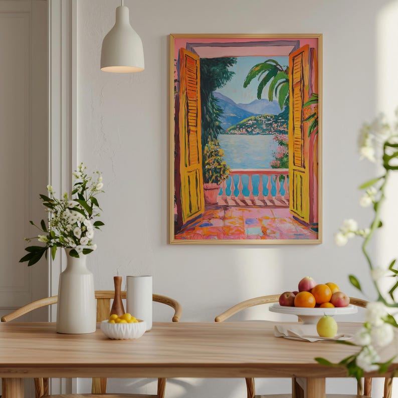 A Fauvist style painting inspired by Matisse, featuring a open patio doors overlooking a vibrant Italian landscape and Lake Como. The scene bursts with beautiful blue and pink tones: trees, mountains in the distance and the shimmering blue of the lake under a clear blue sky. The view captures the idyllic charm of summer by the water, with pots of flowers on the terrace and palm trees.