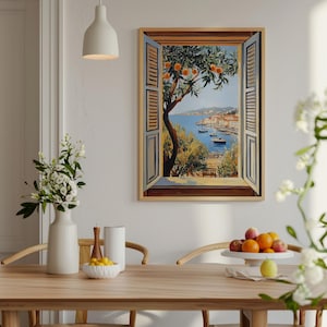 Add a touch of Mediterranean charm to your home with this vibrant Fauvism-style painting inspired by Henri Matisse. The scene features an open window overlooking the ocean, with a picturesque coastal view, including a little coastal village.