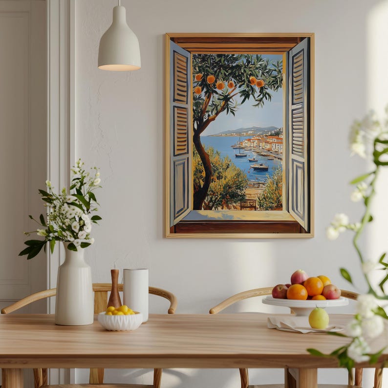 Add a touch of Mediterranean charm to your home with this vibrant Fauvism-style painting inspired by Henri Matisse. The scene features an open window overlooking the ocean, with a picturesque coastal view, including a little coastal village.