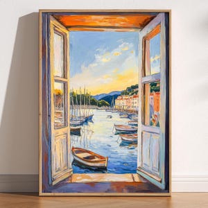 Grabado de Henri Matisse "Ventana abierta", pintura fauvista al estilo de Henri Matisse, puerto mediterráneo, barcos al atardecer, arte costero, Riviera Francesa
