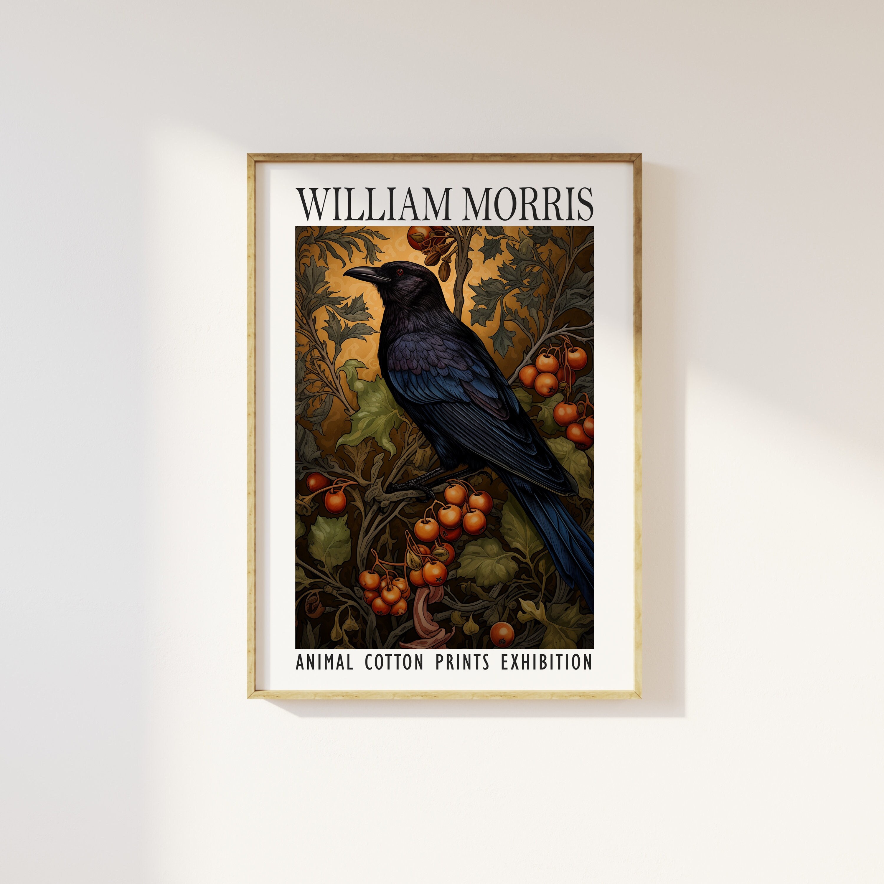 William Morris Style Crow Print - Animal Cotton Prints Exhibition, Textiles, Vintage William Morris Poster, Luxury Traditional Crow Berries