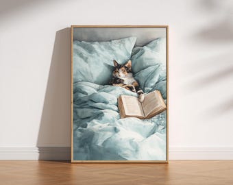 Cosy Cat Reading Print | Cat Asleep In Bed Wall Art, Calming Bedroom Decor, Cute Cat Illustration, Relaxed Peaceful Art, Cat Love Book Lover