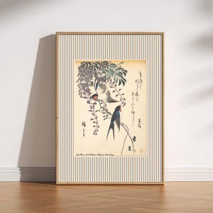 Puede incluir: Impresión enmarcada con una obra de arte tradicional japonesa. La obra representa dos pájaros entre vides florecientes, con caracteres y texto japoneses. El marco tiene un patrón de rayas.