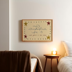 “Retro mid-century quote art print with stars and handwritten text reading ‘How wonderful life is now you’re in the world’ in warm vintage colours.”