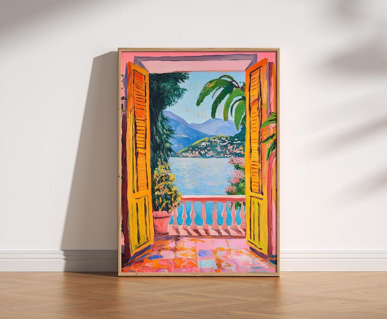 A Fauvist style painting inspired by Matisse, featuring a open patio doors overlooking a vibrant Italian landscape and Lake Como. The scene bursts with beautiful blue and pink tones: trees, mountains in the distance and the shimmering blue of the lake under a clear blue sky. The view captures the idyllic charm of summer by the water, with pots of flowers on the terrace and palm trees.