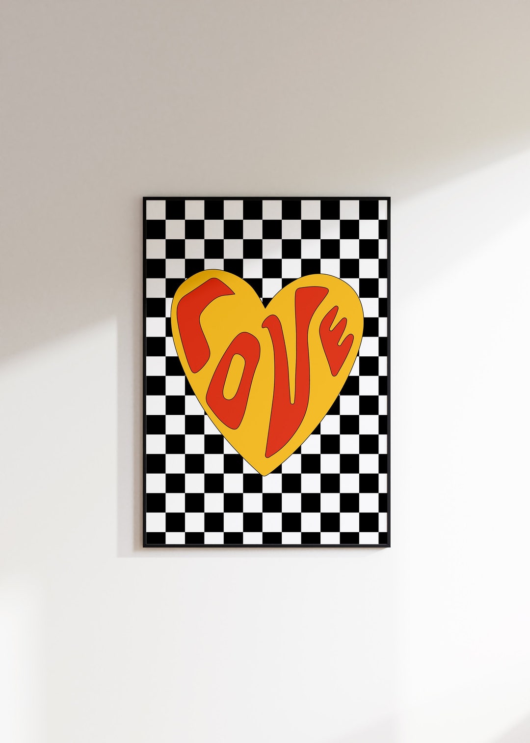 Black and White Checkerboard Retro Red and Yellow Heart Print - Etsy
