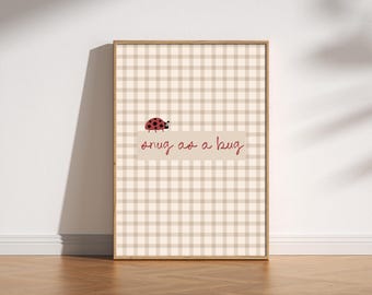 Lámina "Acogedor como un insecto" / Arte mural de mariquitas adorables, póster con cita para habitación infantil, arte infantil cottagecore con un toque caprichoso, ilustración retro de cuadros vichy