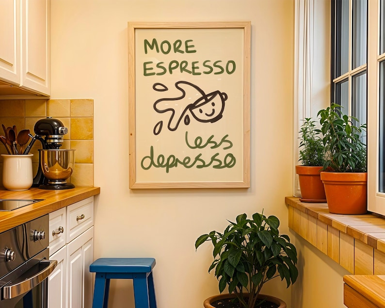 More espresso less depresso hand painted poster. The subtle brushstroke textures add an artistic flair, all set against a clean, beige background. Perfect for coffee enthusiasts, this chic,  creative poster is a stylish addition to modern apartments.