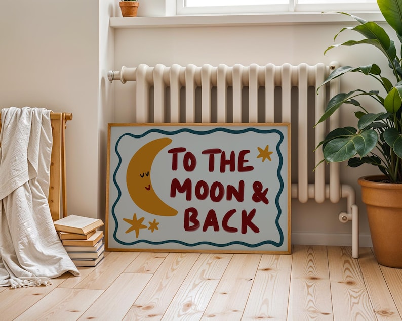 Hand-drawn children’s illustration featuring the phrase “To the Moon & Back” in bold, brush-style lettering with a soft, painterly texture. A smiling crescent moon with simple closed eyes appears beside the text, accompanied by small star shapes that add a gentle, playful feel. A wavy hand-drawn border frames the artwork, giving it a cosy, retro look. The overall style is warm, friendly and nostalgic, with an imperfect hand-painted aesthetic designed to feel comforting and child-friendly.