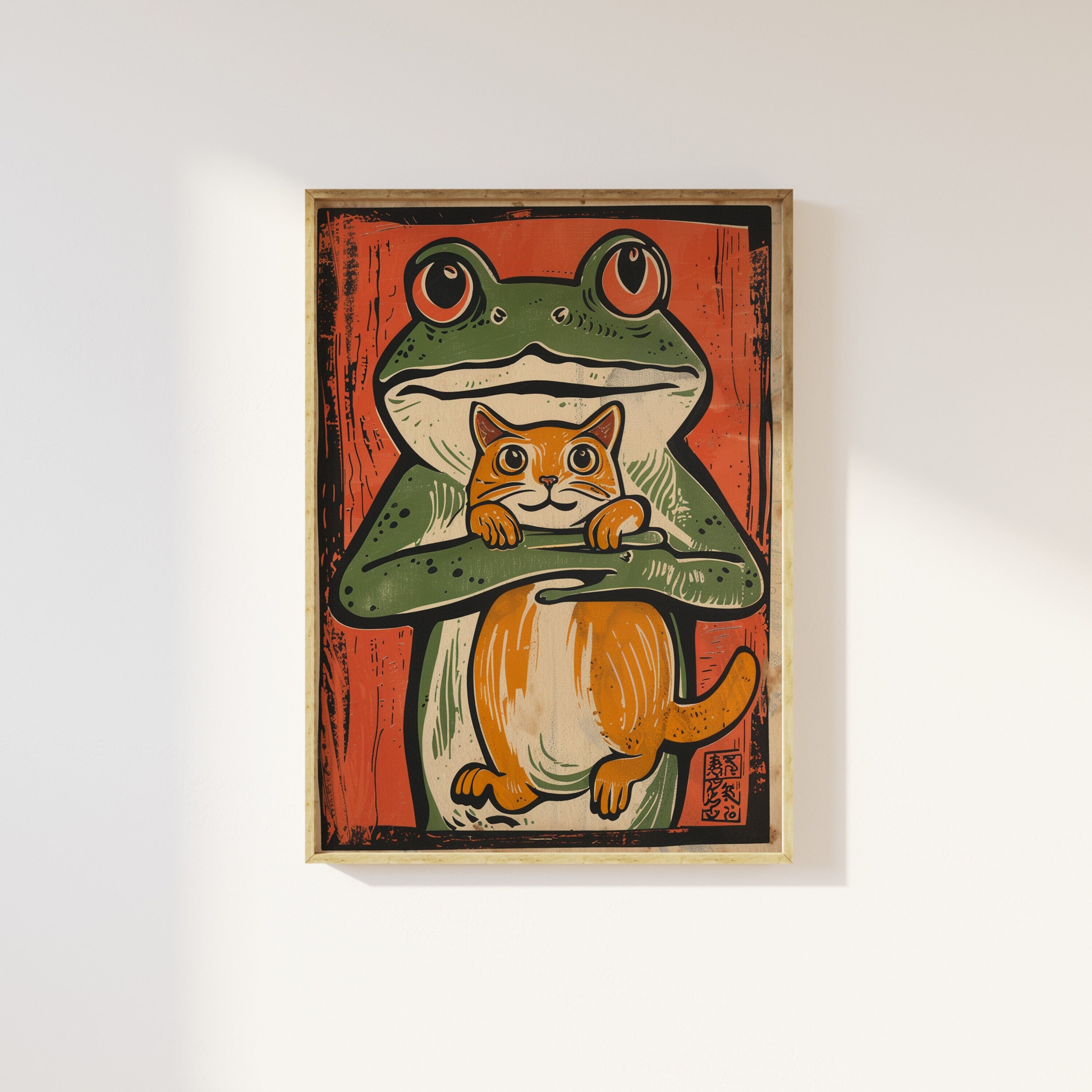Funny Japanese Frog and Cat Woodblock Print: Vintage Animal Poster