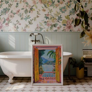A Fauvist style painting inspired by Matisse, featuring a open patio doors overlooking a vibrant Italian landscape and Lake Como. The scene bursts with beautiful blue and pink tones: trees, mountains in the distance and the shimmering blue of the lake under a clear blue sky. The view captures the idyllic charm of summer by the water, with pots of flowers on the terrace and palm trees.