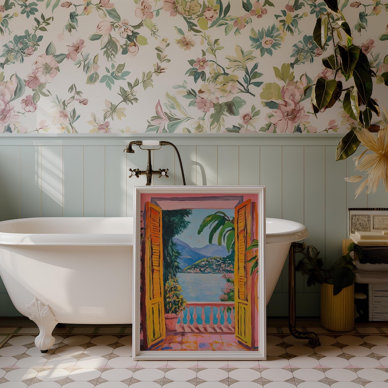 A Fauvist style painting inspired by Matisse, featuring a open patio doors overlooking a vibrant Italian landscape and Lake Como. The scene bursts with beautiful blue and pink tones: trees, mountains in the distance and the shimmering blue of the lake under a clear blue sky. The view captures the idyllic charm of summer by the water, with pots of flowers on the terrace and palm trees.