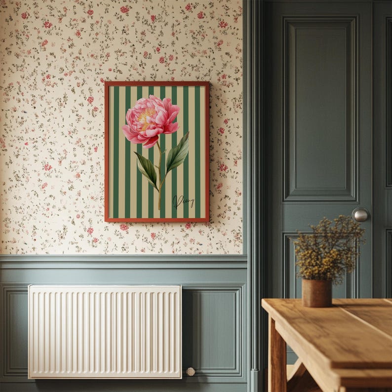 Bring charming, old-fashioned elegance to your space with this Vintage Floral Stripe Print. Featuring nostalgic vertical stripes and delicate flowers, this artwork embodies a timeless cottagecore aesthetic with a touch of vintage charm. Inspired by classic wallpaper patterns and antique botanical prints, it’s perfect for creating a warm and inviting atmosphere in any room.