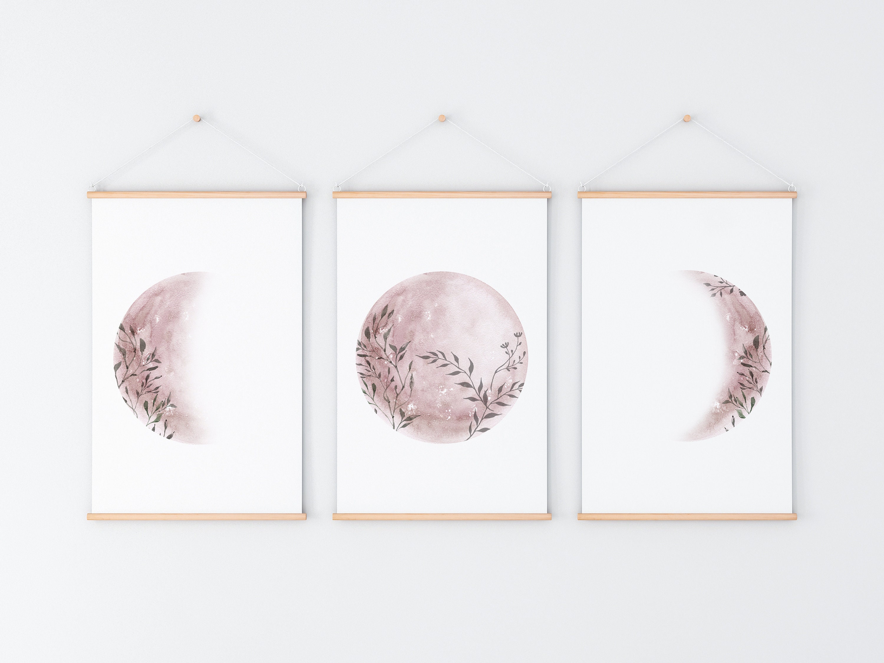 Set of 3 Moon Phase Prints - Lunar Phase, Celestial, Floral Moon ...