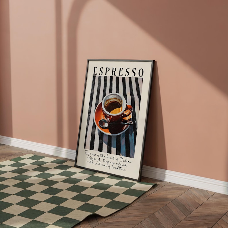 Bring the warmth of Italy into your home with this espresso wall art print. Featuring a rich and vibrant painting of a classic espresso cup, this artwork captures the heart of Italian coffee culture. Perfect for kitchens, dining rooms, cafés, or as a thoughtful gift for any coffee lover, this piece adds a stylish Mediterranean touch to your walls.