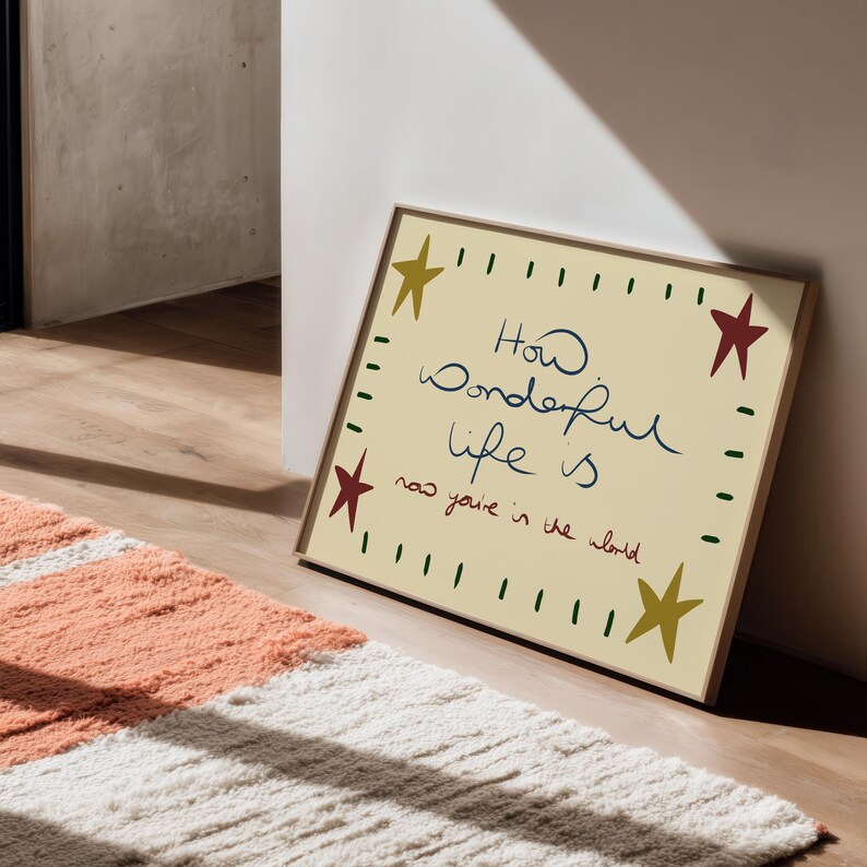 “Retro mid-century quote art print with stars and handwritten text reading ‘How wonderful life is now you’re in the world’ in warm vintage colours.”