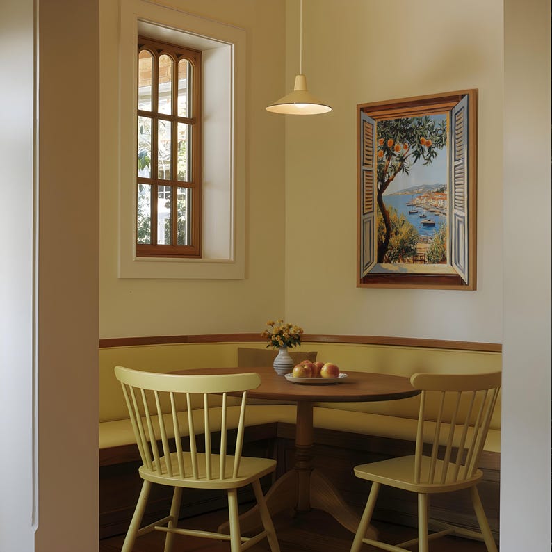 Add a touch of Mediterranean charm to your home with this vibrant Fauvism-style painting inspired by Henri Matisse. The scene features an open window overlooking the ocean, with a picturesque coastal view, including a little coastal village.