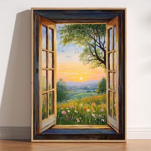 Puede incluir: Una pintura de una ventana con vista a un campo de flores y una puesta de sol. La ventana está abierta y la vista está enmarcada por el marco de madera de la ventana.