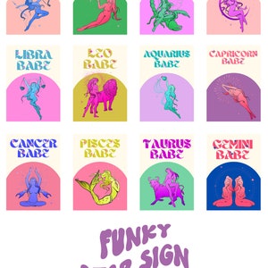 Peut inclure: Une illustration color&eacute;e des 12 signes du zodiaque, chaque signe &eacute;tant repr&eacute;sent&eacute; par une femme et son symbole astrologique. Le texte "FUNKY STAR SIGN COLLECTION" est en bas de l'image.