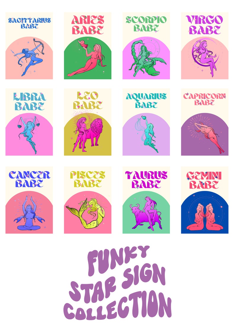 Peut inclure: Une illustration color&eacute;e des 12 signes du zodiaque, chaque signe &eacute;tant repr&eacute;sent&eacute; par une femme et son symbole astrologique. Le texte "FUNKY STAR SIGN COLLECTION" est en bas de l'image.