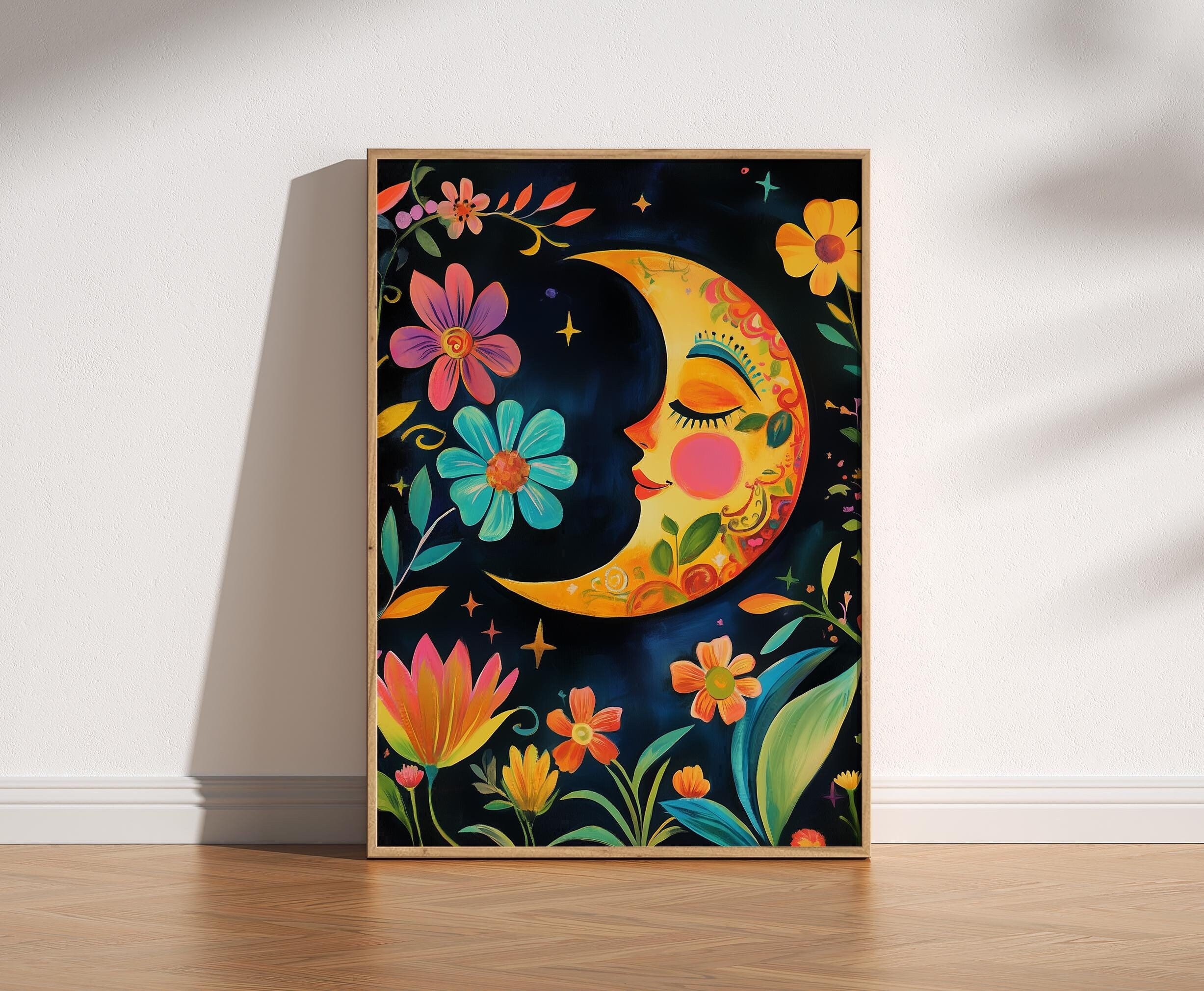 Mexican Moon Art Print: Folk Crescent Moon, Sun & Flowers - Etsy
