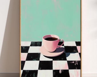 Retro Coffee Print: Checkerboard Table, Minimalist Kitchen Art
