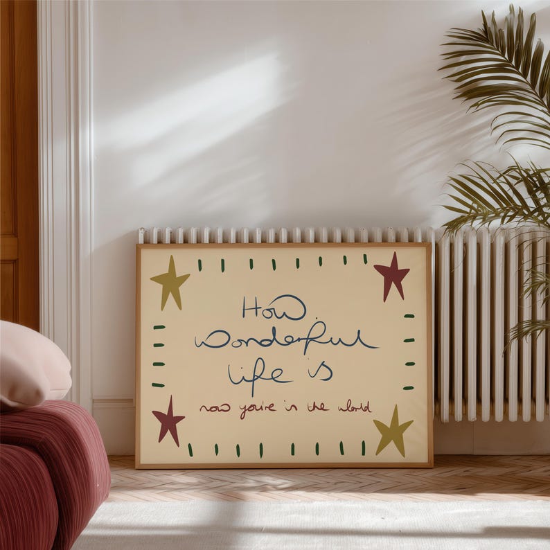 “Retro mid-century quote art print with stars and handwritten text reading ‘How wonderful life is now you’re in the world’ in warm vintage colours.”