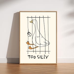Bring a smile to your space with this Too Silly goose art print! A funny, minimalist illustration featuring a cheeky goose behind bars for being “too silly.” Perfect for adding personality to your home, office, or gallery wall.
This quirky silly goose animal print makes a wonderful gift for friends who love humor, cottagecore whimsy, or modern minimalist art. Designed to brighten up any corner and spark joy daily.