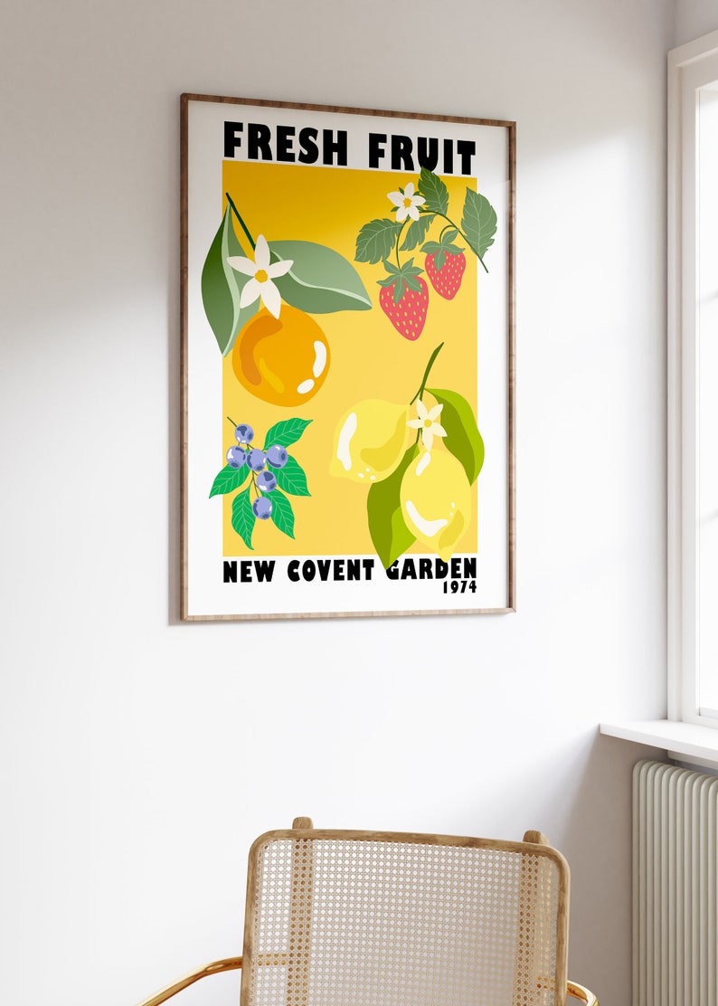 May include: A vintage poster with a yellow background featuring a stylized illustration of fresh fruit, including lemons, oranges, blueberries, and strawberries. The text "FRESH FRUIT NEW COVENT GARDEN 1974" is printed in black at the top and bottom of the poster.
