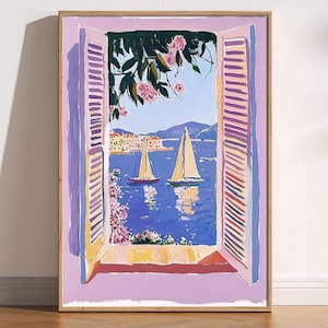 Grabado de Henri Matisse "Ventana abierta", pintura fauvista al estilo de Henri Matisse, exposición moderna, colores pastel, Riviera Francesa, barcos en el puerto