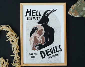 Hell Is Empty And All The Devils Are Here Print - Shakespeare The Tempest, Female with Devil, Baphomet, Daemon, Horror Wall Art, Quote Print