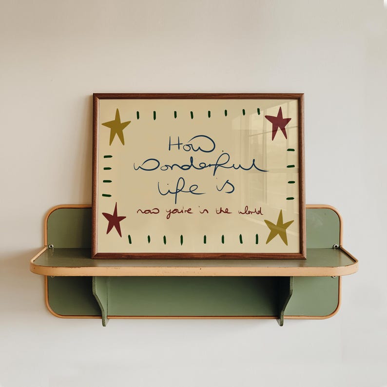 “Retro mid-century quote art print with stars and handwritten text reading ‘How wonderful life is now you’re in the world’ in warm vintage colours.”