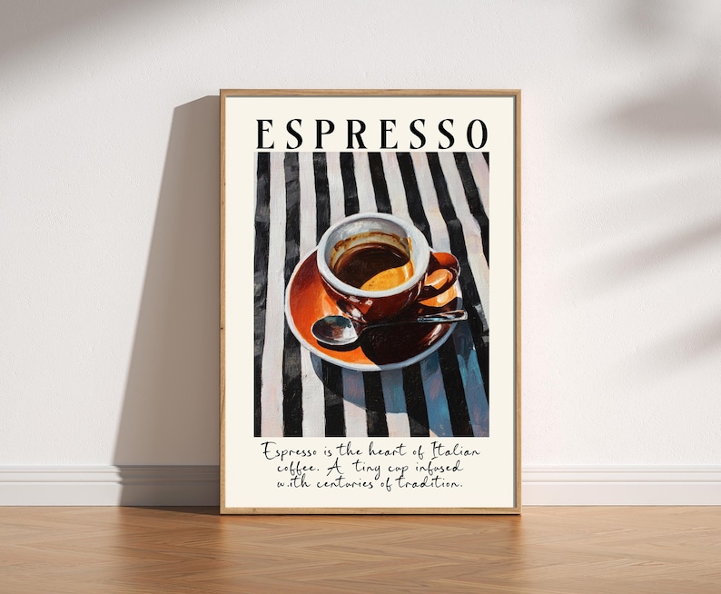 Bring the warmth of Italy into your home with this espresso wall art print. Featuring a rich and vibrant painting of a classic espresso cup, this artwork captures the heart of Italian coffee culture. Perfect for kitchens, dining rooms, cafés, or as a thoughtful gift for any coffee lover, this piece adds a stylish Mediterranean touch to your walls.